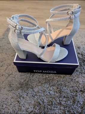 TOP Moda Silver Glitter Strappy Block Heels